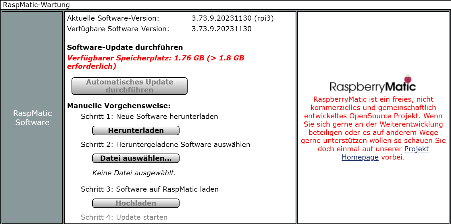 Verfügbarer Speicherplatz: 1.76 GB (> 1.8 GB erforderlich)