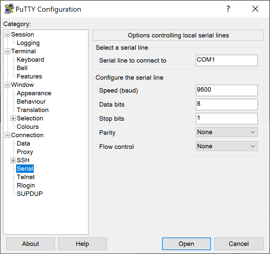 Putty Kontrollopitionen der COM-Verbindung