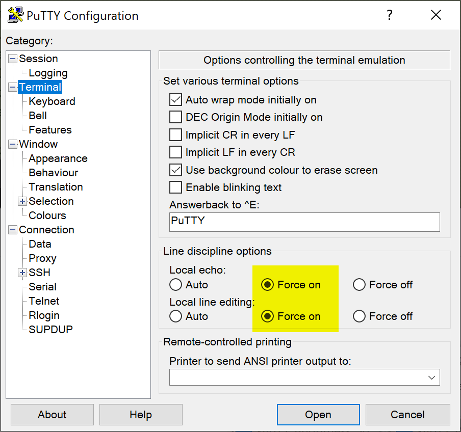 Putty Terminal Einstellungen